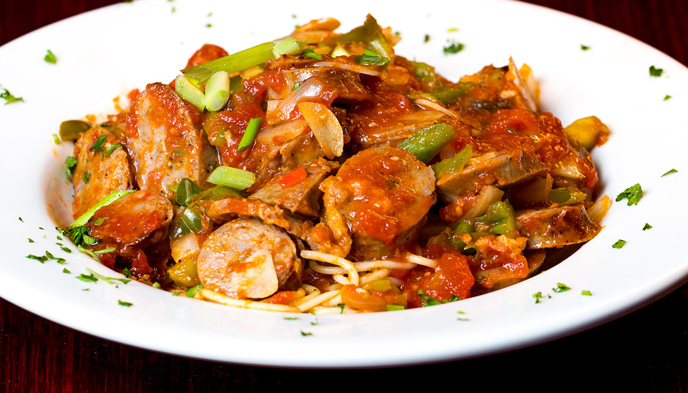 SPAGHETTI with SAUSAGE, PEPPER & ONION image